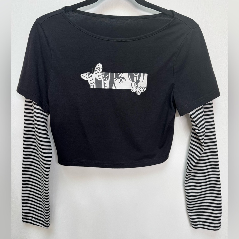 ROMWE Black and White Striped long Sleeve Crop Top, Size M